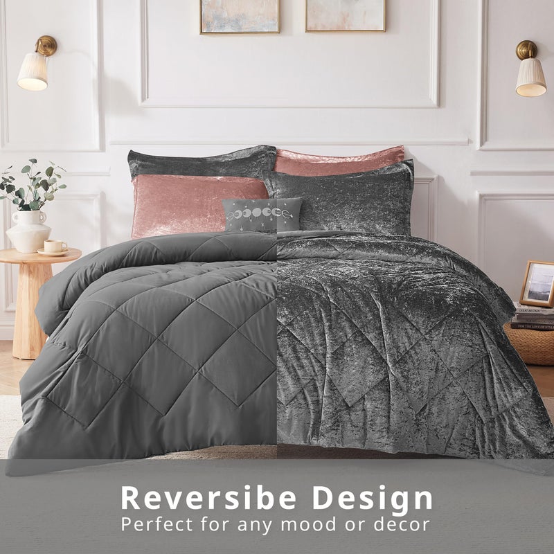Intelligent Design Queen Duvet Cover Set, Velvet Queen Duvet Set, Luxury Diamond Quilting Grey Duvet Cover, Fluffy Duvet Cover with Decorative Pillow and 2 Shams, 4 Pieces, Grey, Full/Queen - Image 2